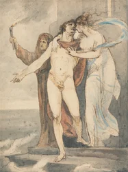 Leander nimmt Abschied von Hero, bevor er zurück über den Hellespont schwimmt